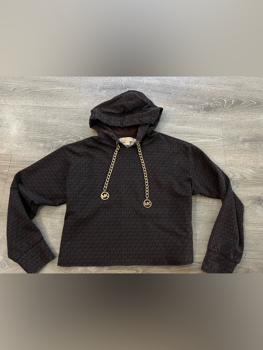 Michael Kors women’s Brown MK-Print crop hoodie with Gold Chain Drawstrings